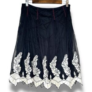 Anthropologie Snak Y2K Black Lined Skirt White‎ Floral Embroidered Size 6 NWT